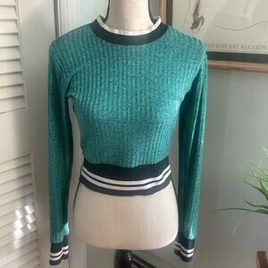 ILLUMINA Top Womens P *Small Metallic Green Cropped Ribbed Knit Varsity Pullover
